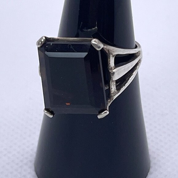 Vintage Smoky Quartz Cocktail Ring 925 Sterling Silver Emerald Cut Size 6.75 - Picture 6 of 12